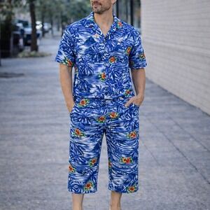Vintage Island Sands Hawaiian Shirt & Pants Set M Blue‎ Tropical Aloha Outfit